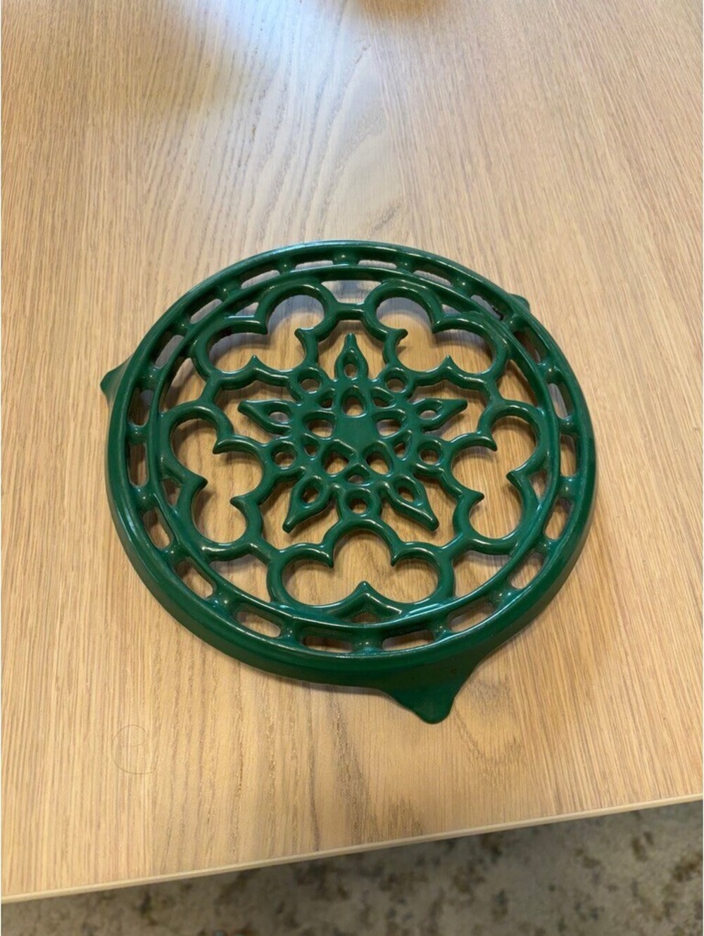 Vintage Le Creuset France Green Enameled Cast Iron Trivet Round Floral